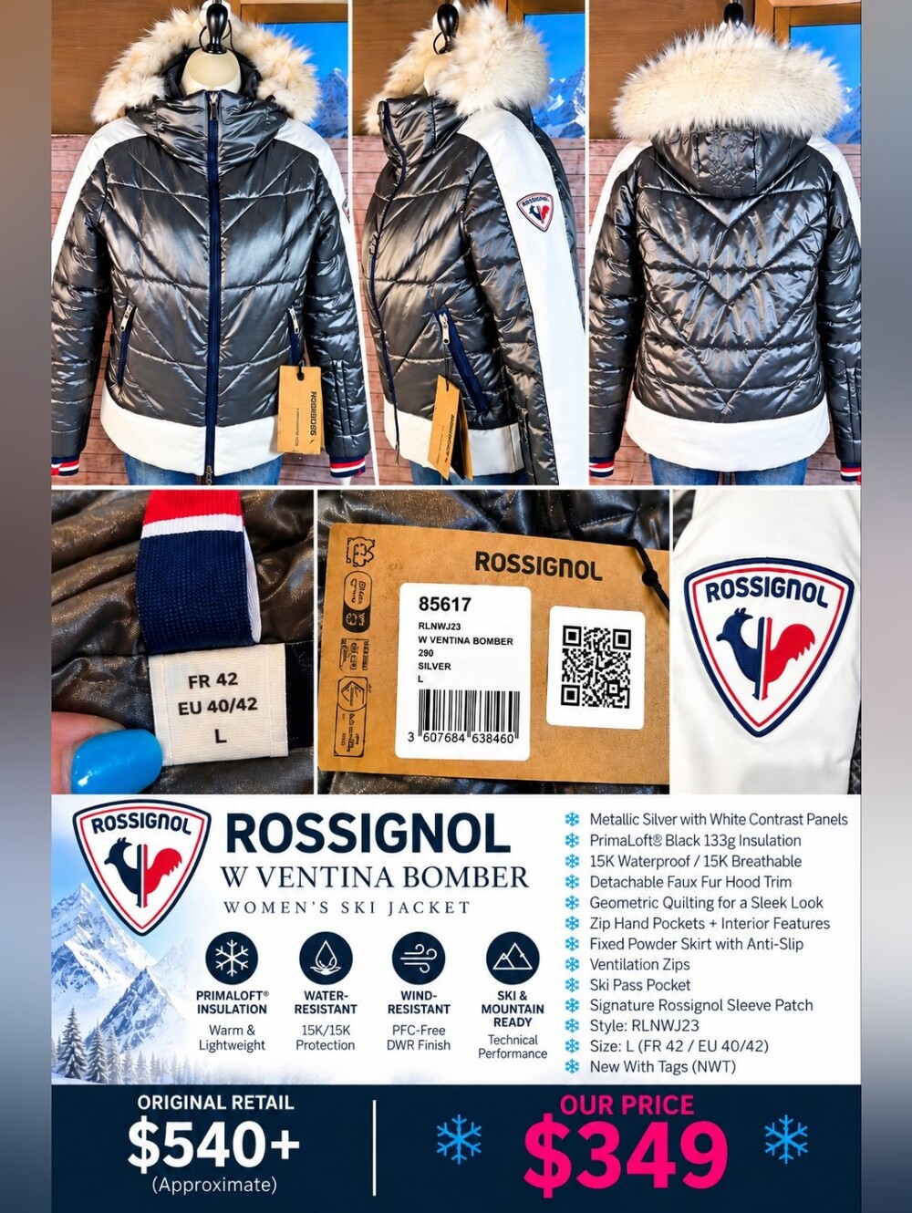 Rossignol Ventina Bomber Ski Jacket L Silver PrimaLoft Faux Fur NWT